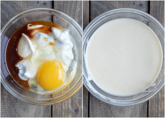 Greek yogurt, egg and vanilla before and after combined in a glass bowl.