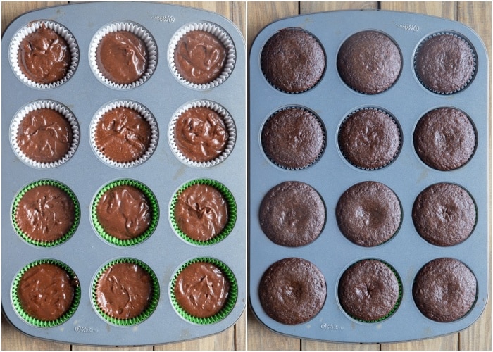 Cupcakes before and after baked in the pan.