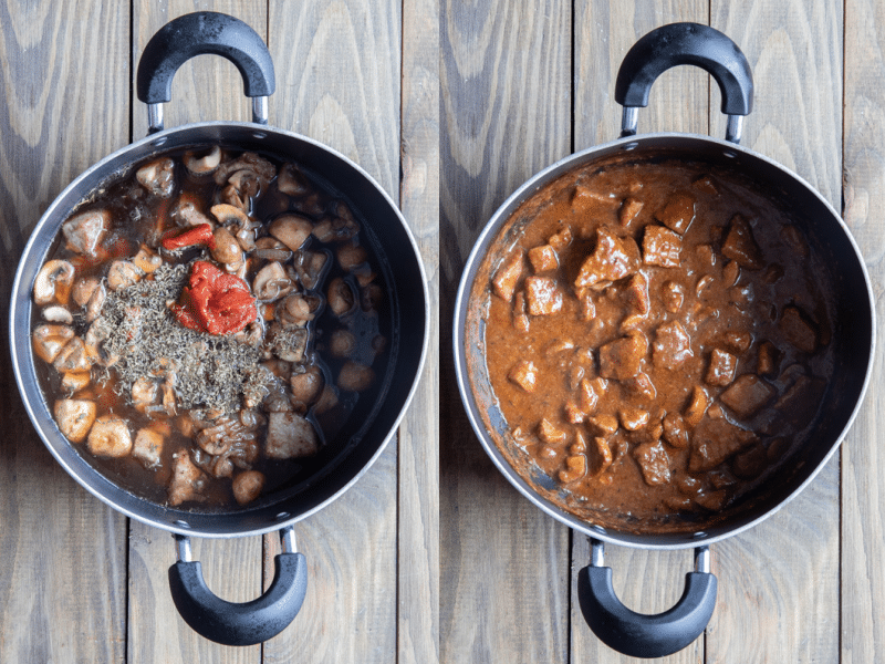 Guinness stew cooked in a pot.