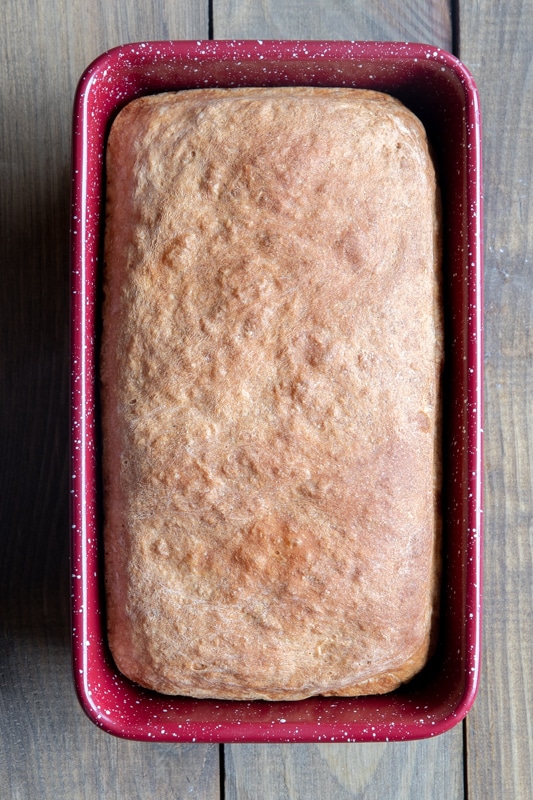 Baked buttermilk bread in a loaf pan.
