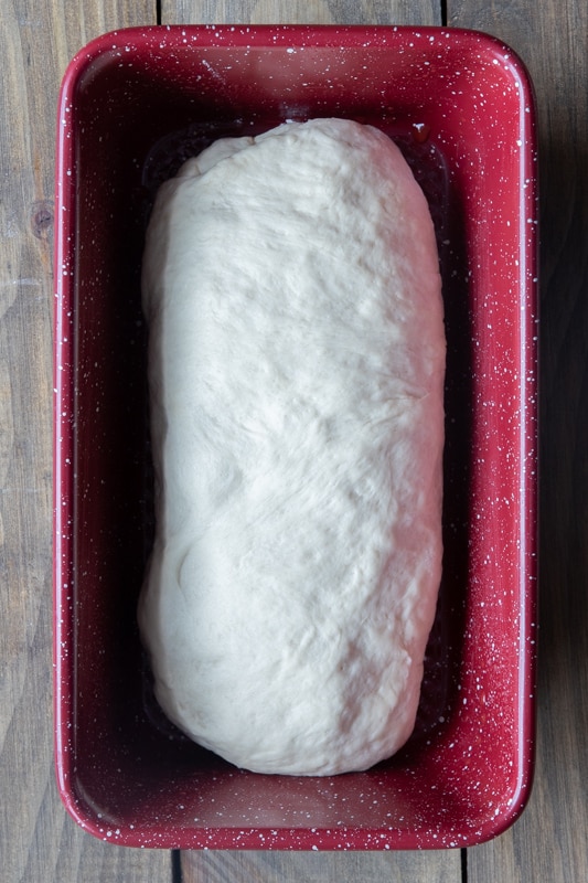 Bread dough shaped into a loaf and placed in a loaf pan.