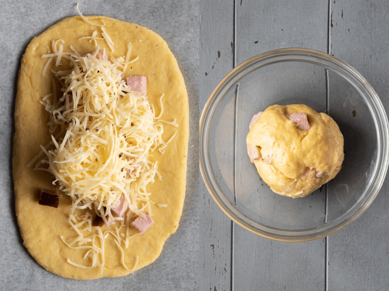 Ham and cheese added to the dough and formed into a ball.