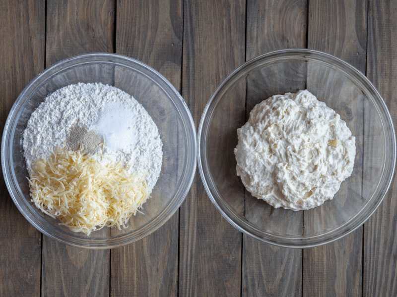 Dry ingredients mixed together and combined with water to form a dough.