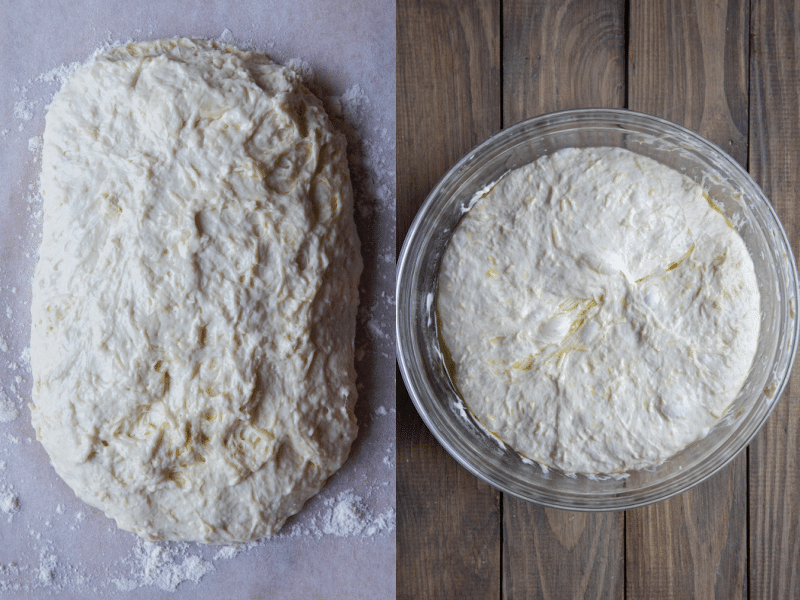 Focaccia dough in a bowl doubled for the second rise.