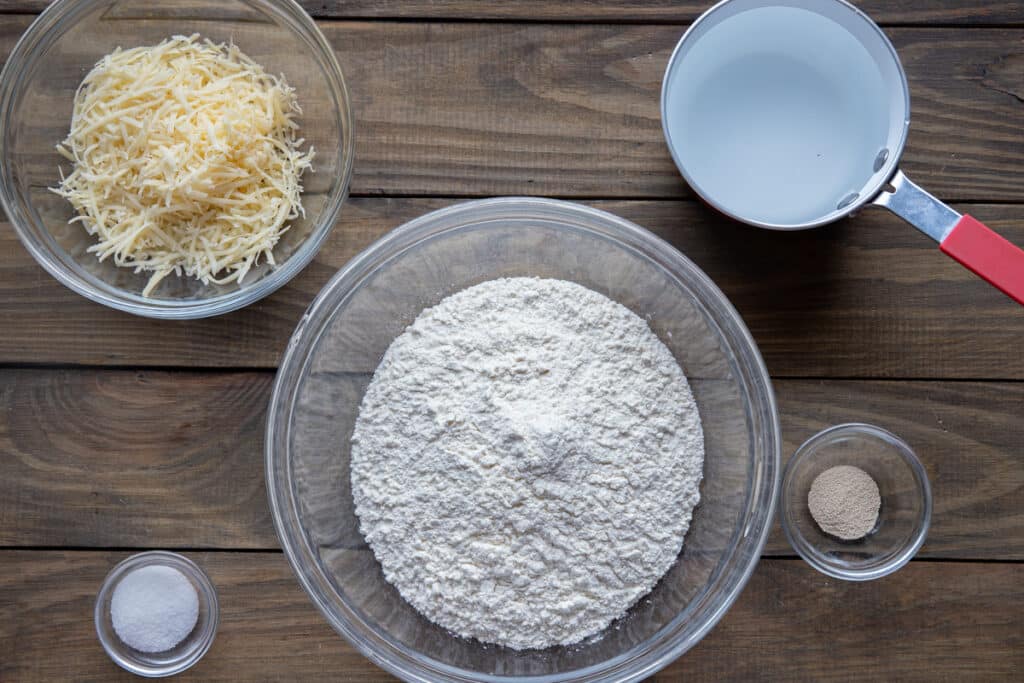 Ingredients in separate bowl for three cheese focaccia.