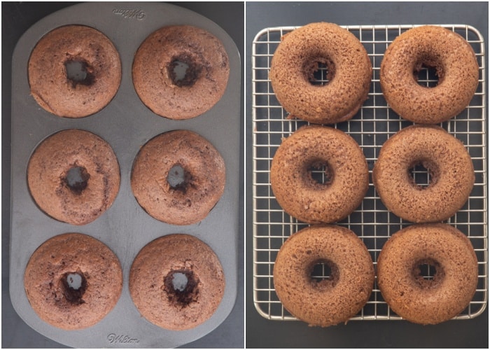 Baked donut in a donut pan and on a cooling rack.