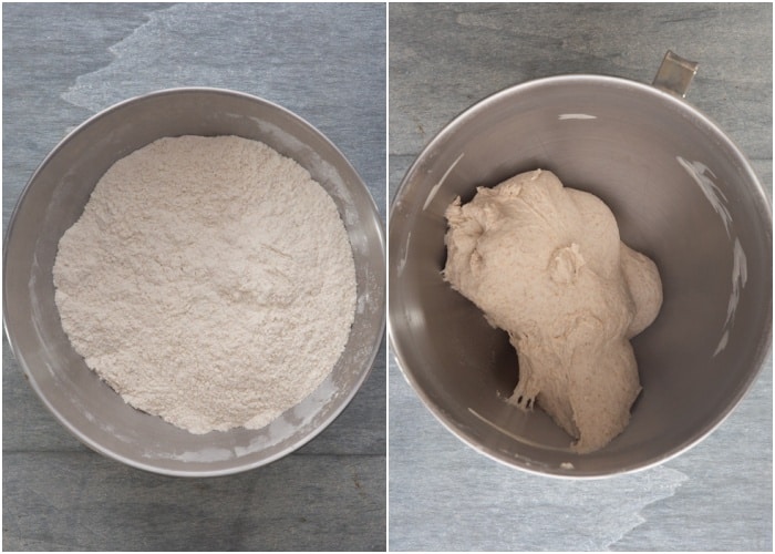 dry ingredients added and kneaded in a mixing bowl.
