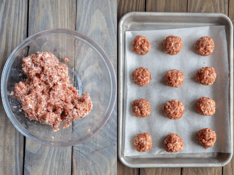 Sausage meat in a bowl and shaped into balls on top of a baking sheet.