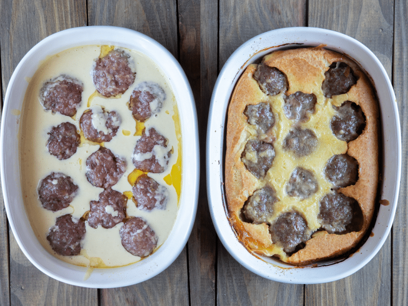 Toad in the hole in a white casserole dish before and after baking.