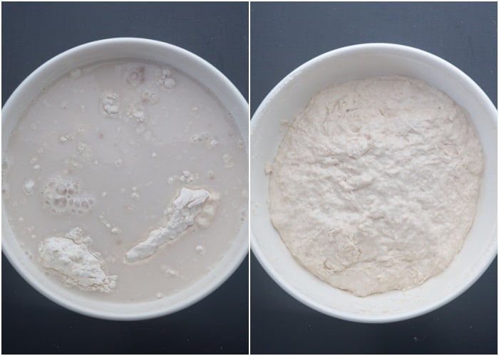 Flour mixed in with sourdough mix in a white bowl.