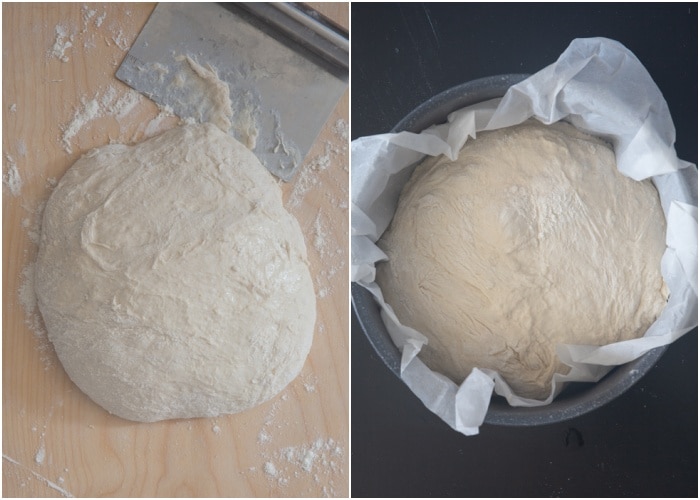 Dough on a floured surface and transferred in a pan.