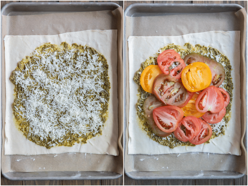 Pecorino sprinkled on top of pesto and heirloom tomatoes on top of the cheese.