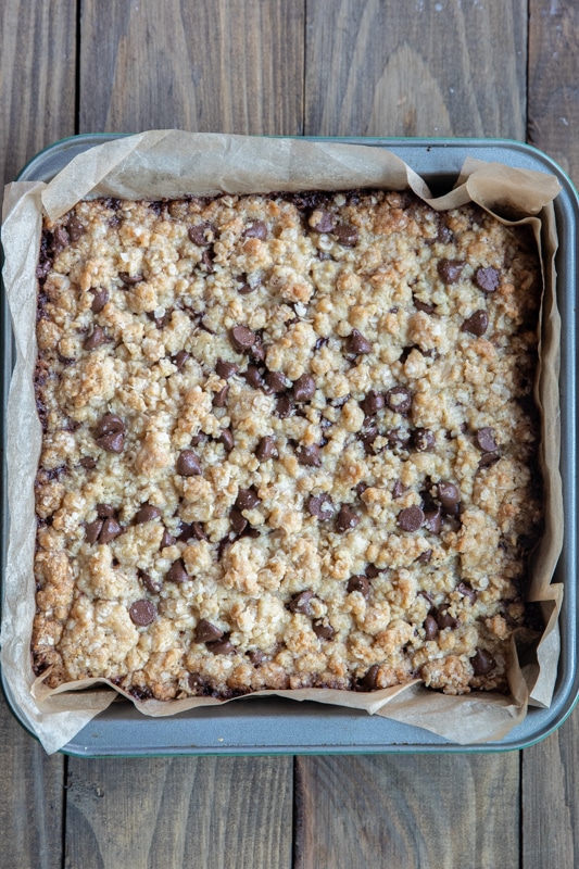 Baked oatmeal bars in a baking dish.