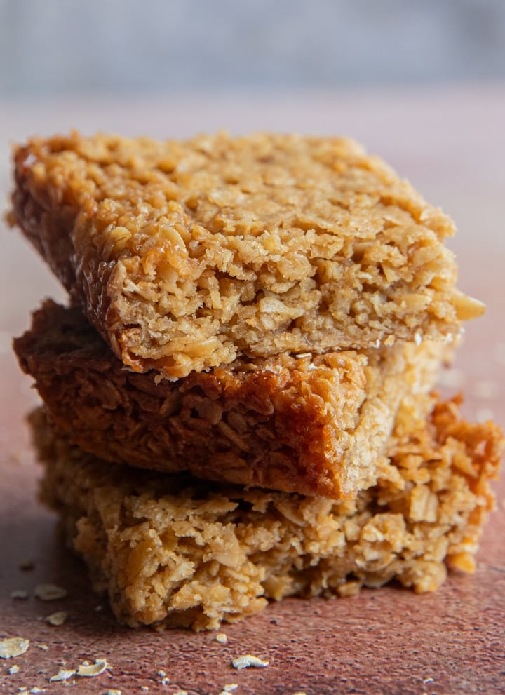 Three flapjack squares one on top of the other.