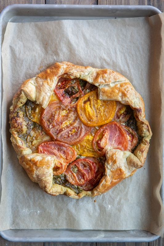 Baked Tomato galette on a baking sheet.