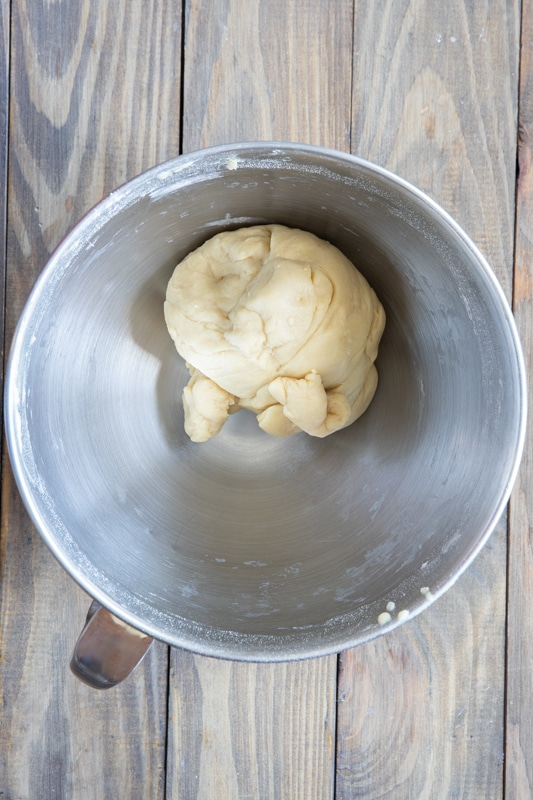 Dough in a mixing bowl. 