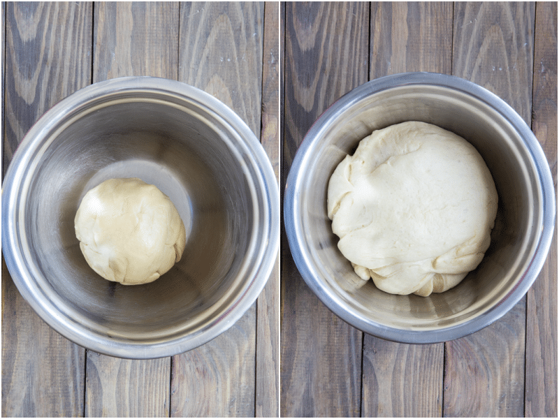 Cinnamon bun dough in a mixing bowl and left to double in size.