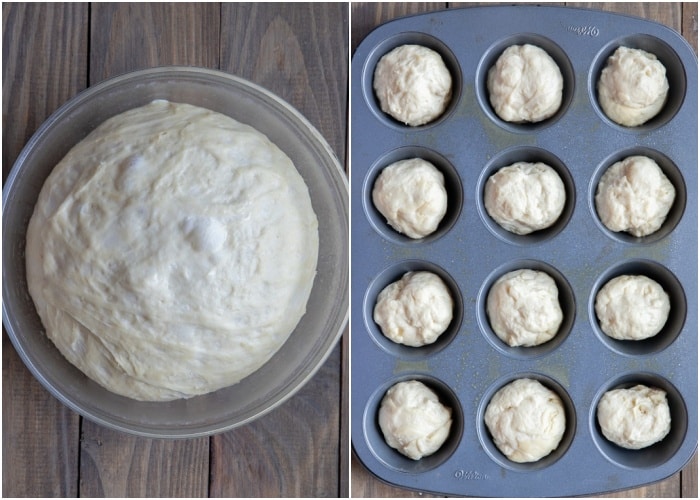 Dough pinched into balls and placed in muffin tins.