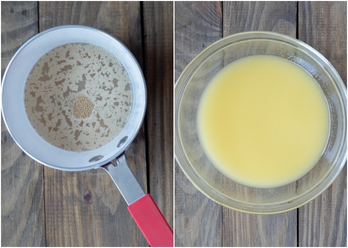 Yeast mix in a pot and in a mixing bowl.