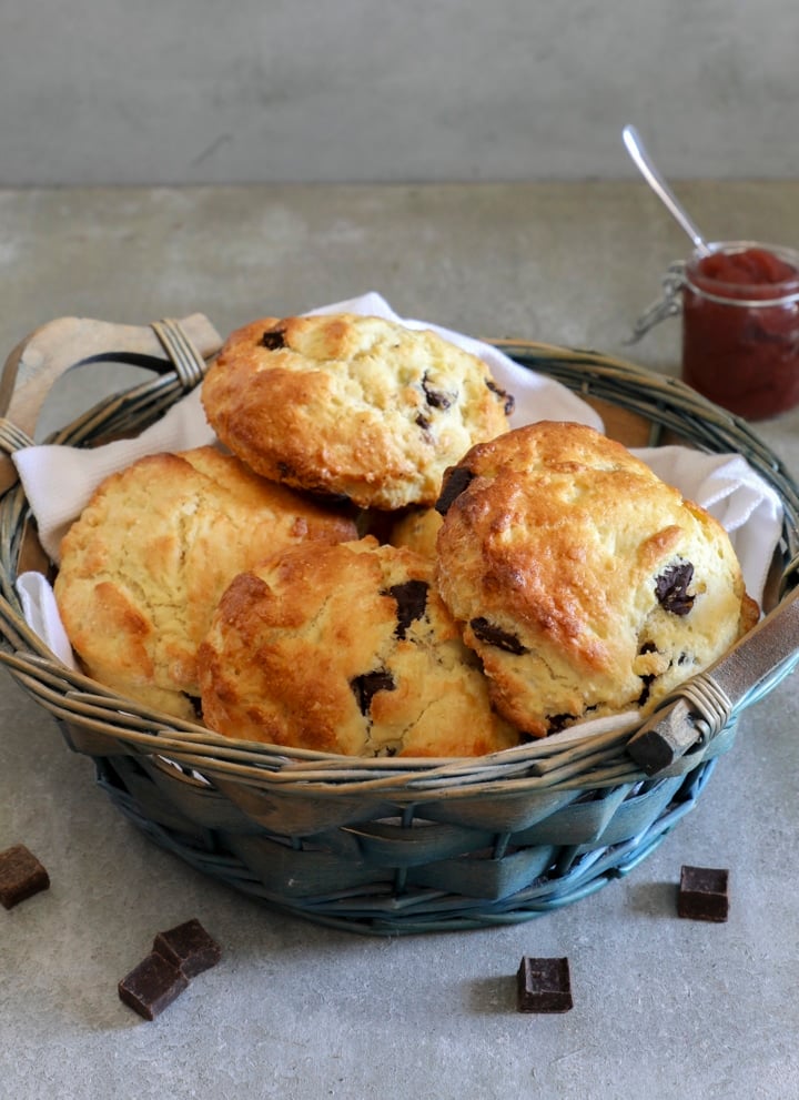 Chocolate chip Scones in a basket.