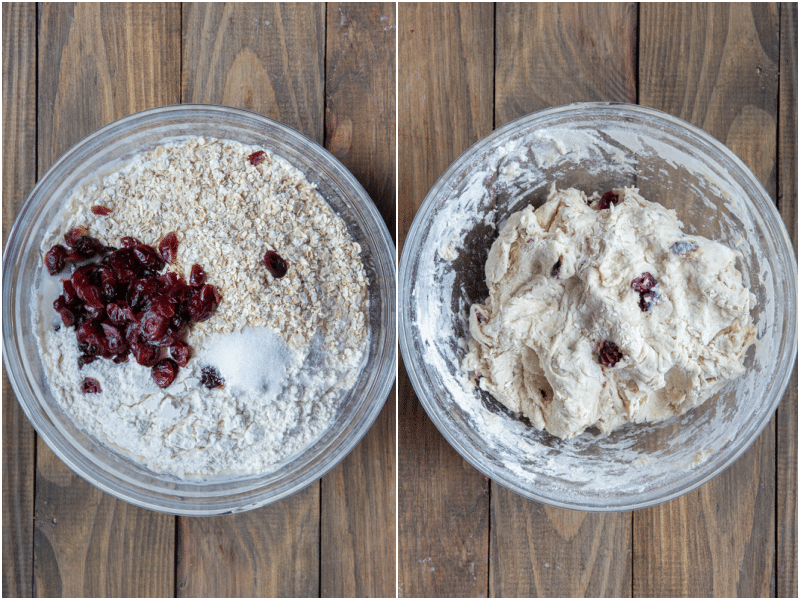Cranberry and oat bread dough made in a bowl.