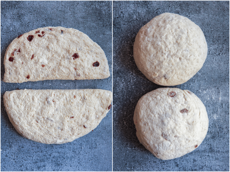 Cranberry and oat bread divided into two parts and rolled into balls.