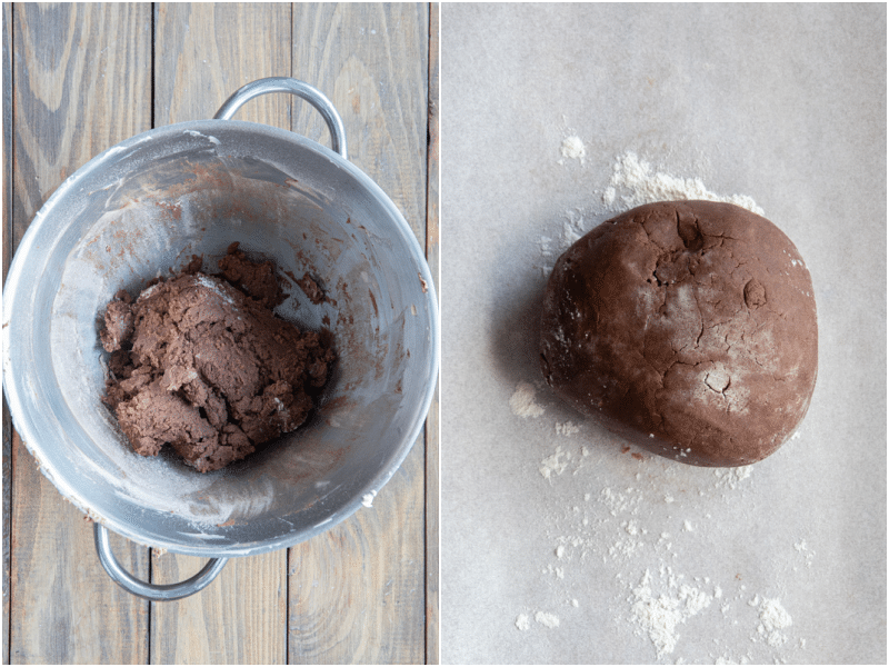 chocolate cookie dough formed into a ball.