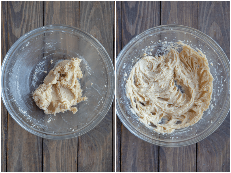 Wet cookie dough ingredients mixed together in a bowl.
