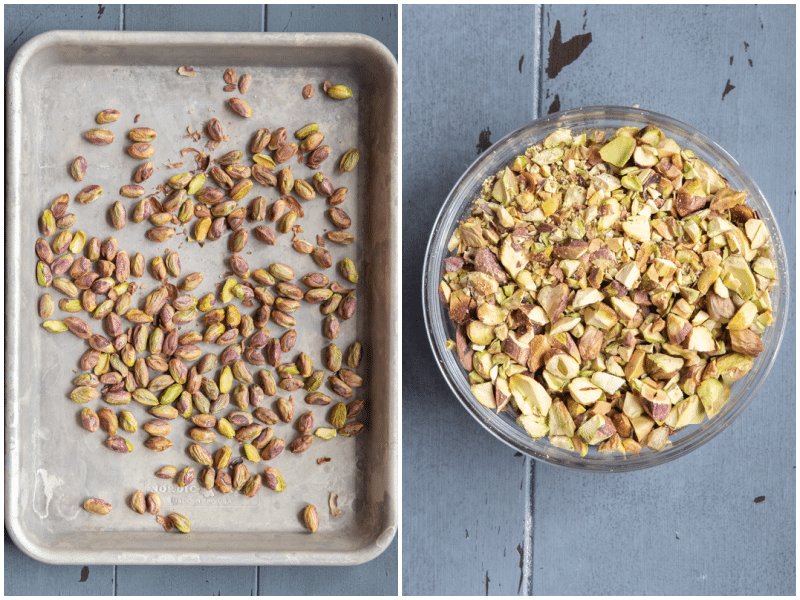 Pistachios roasted and chopped in a bowl.