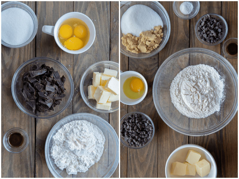 Ingredients to make brookies in separate bowls.