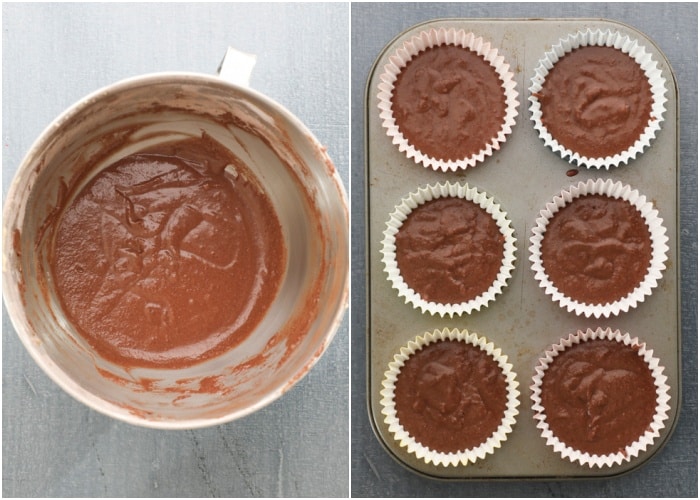 Cupcake butter in a mixing bowl and then poured into six cupcake tins.