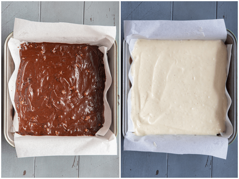 Brownie mix and cream cheese filling added into a baking pan.