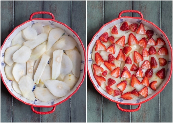 The pears and strawberry slices on the bottom of the dish.