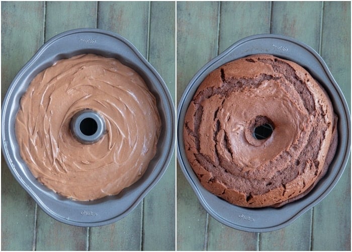Batter in the bundt pan before and after baking.