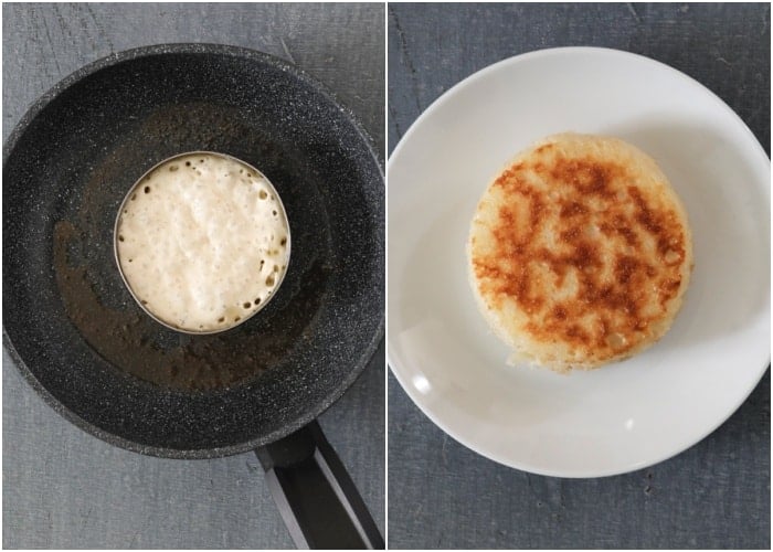 Crumpet being cooked in a pan and then served on a white plate.
