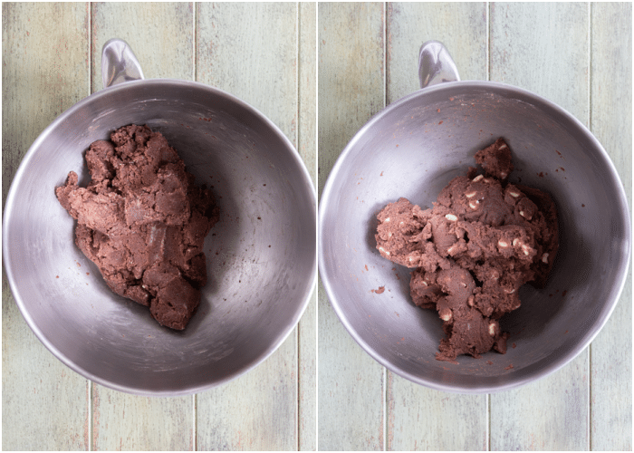 Ingredients mixed together in a bowl to form the dough for the white chocolate chip cookies.