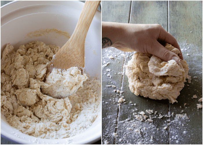 Making the flammkuchen dough in a bowl and kneading it into a ball.