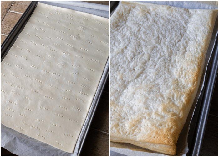 Puff pastry on a baking sheet before and after baking.
