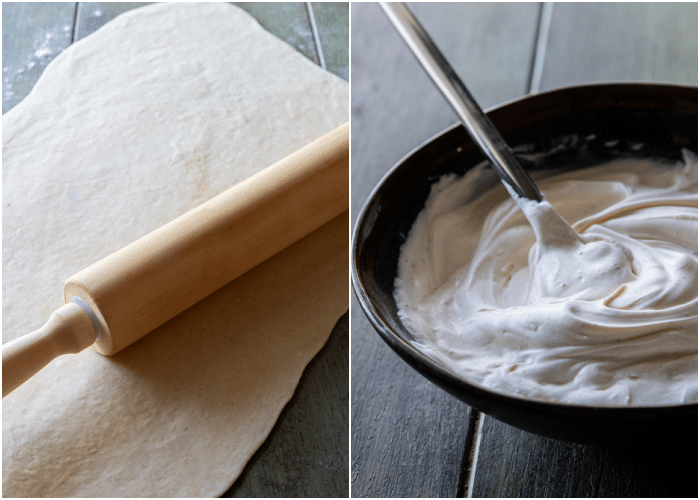 making the flammkuchen think dough with a rolling pin and a black bowl with creme fraiche in it.