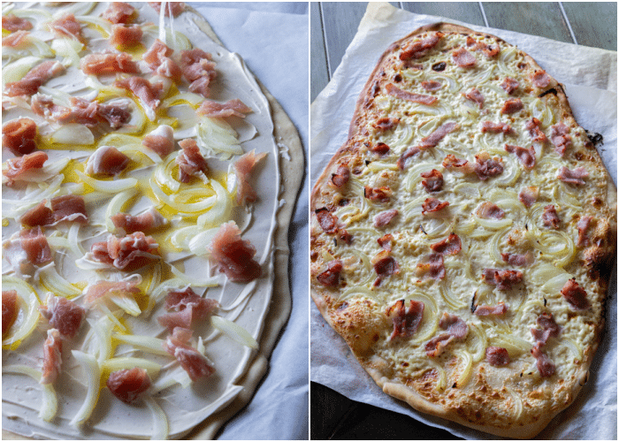 The flammkuchen topped with creme fraiche, lardons and onions and then baked.