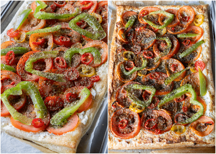 Tomato and mascarpone tart on a baking sheet before and after baking.