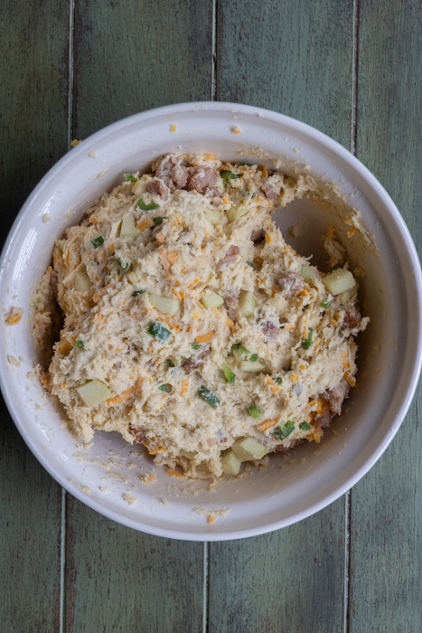 additions mixed into the dough to form the biscuits in a bowl.
