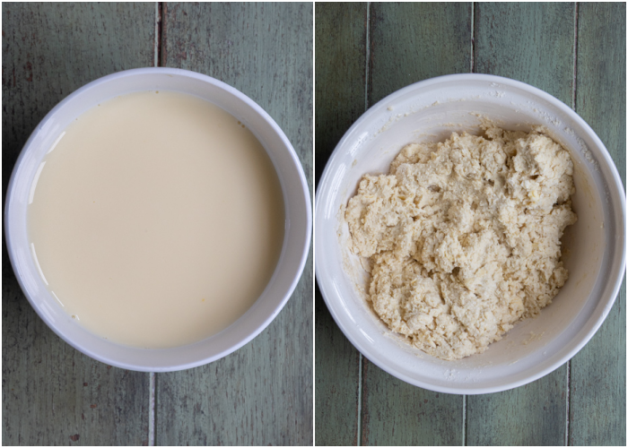 buttermilk mixed in with dry ingredients in a bowl to form the jalapeno apple cheddar biscuits.
