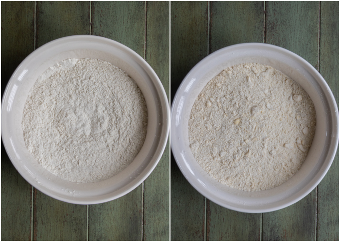 Dry ingredients for the jalapeno biscuits mixed together in a white bowl.