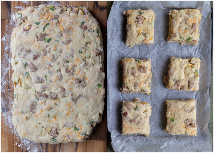 Jalapeno sausage cheddar and apple biscuit dough cut into squares and placed on a baking sheet to be baked.
