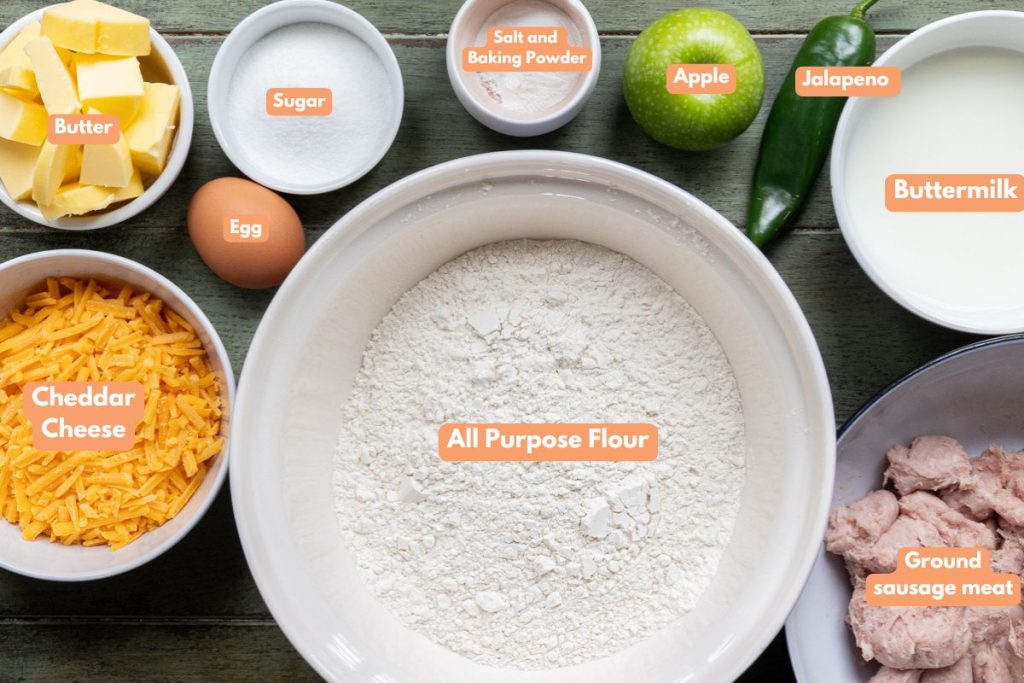 Jalapeno apple sausage biscuit ingredients in separate bowls.
