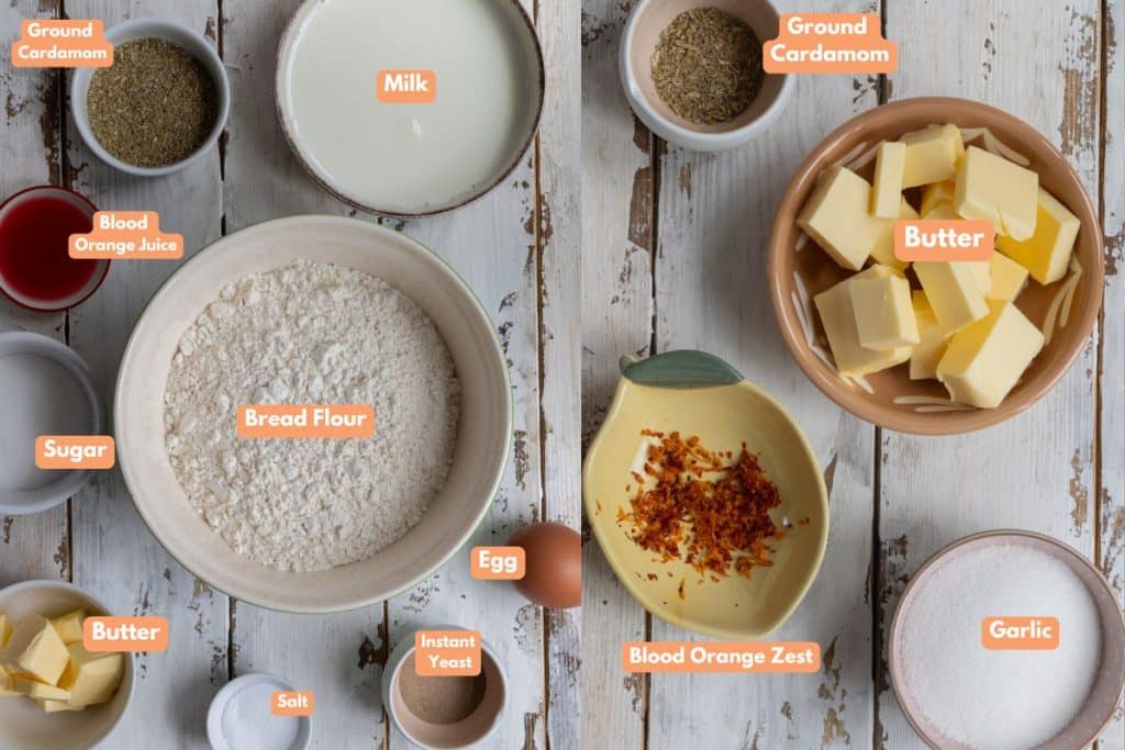 Ingredients to make blood orange cardamom buns in separate bowls.
