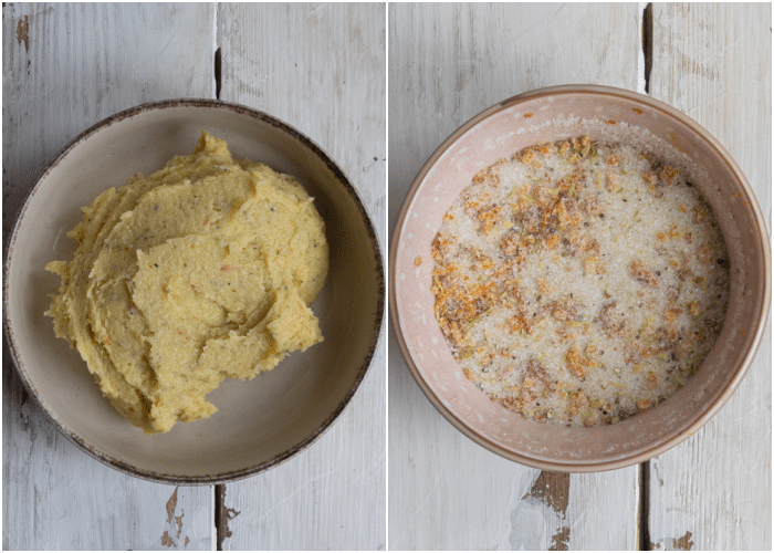 Blood orange cardamom spread and sugar in different bowls.