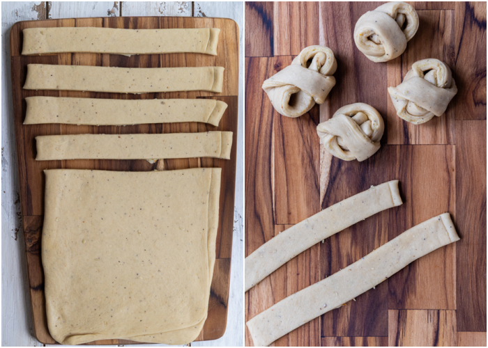 cardamom dough cut into strips and shaped into buns.