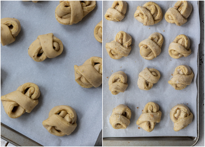 Cardamom buns shaped and left to proof before baking on a tray.